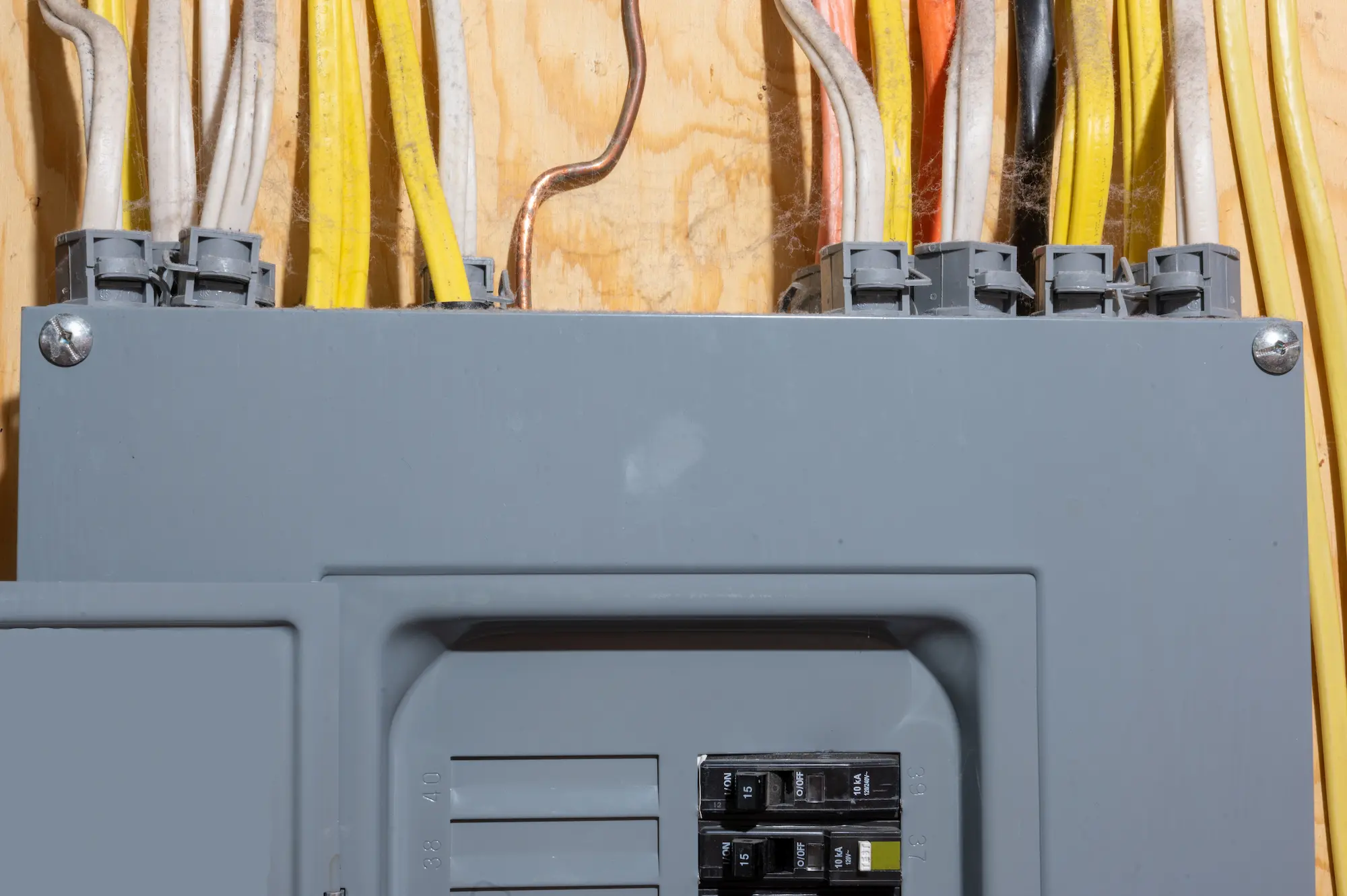 Close-up of a residential breaker panel