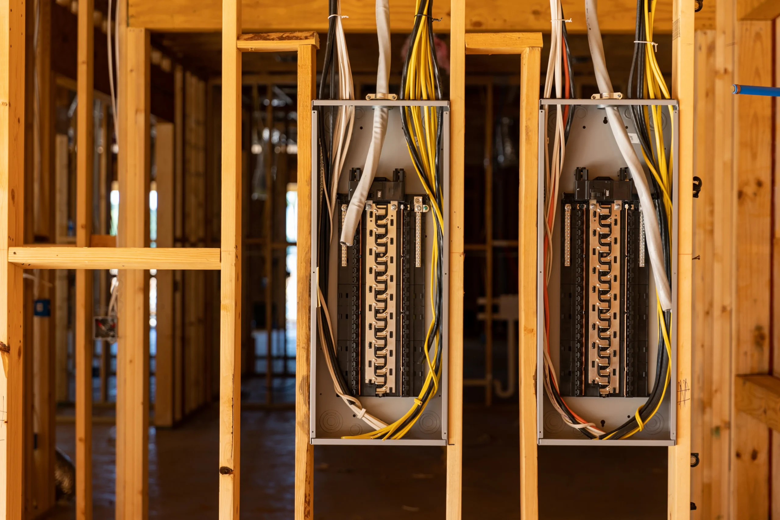 Residential electrical panels and wiring inside a home's framing
